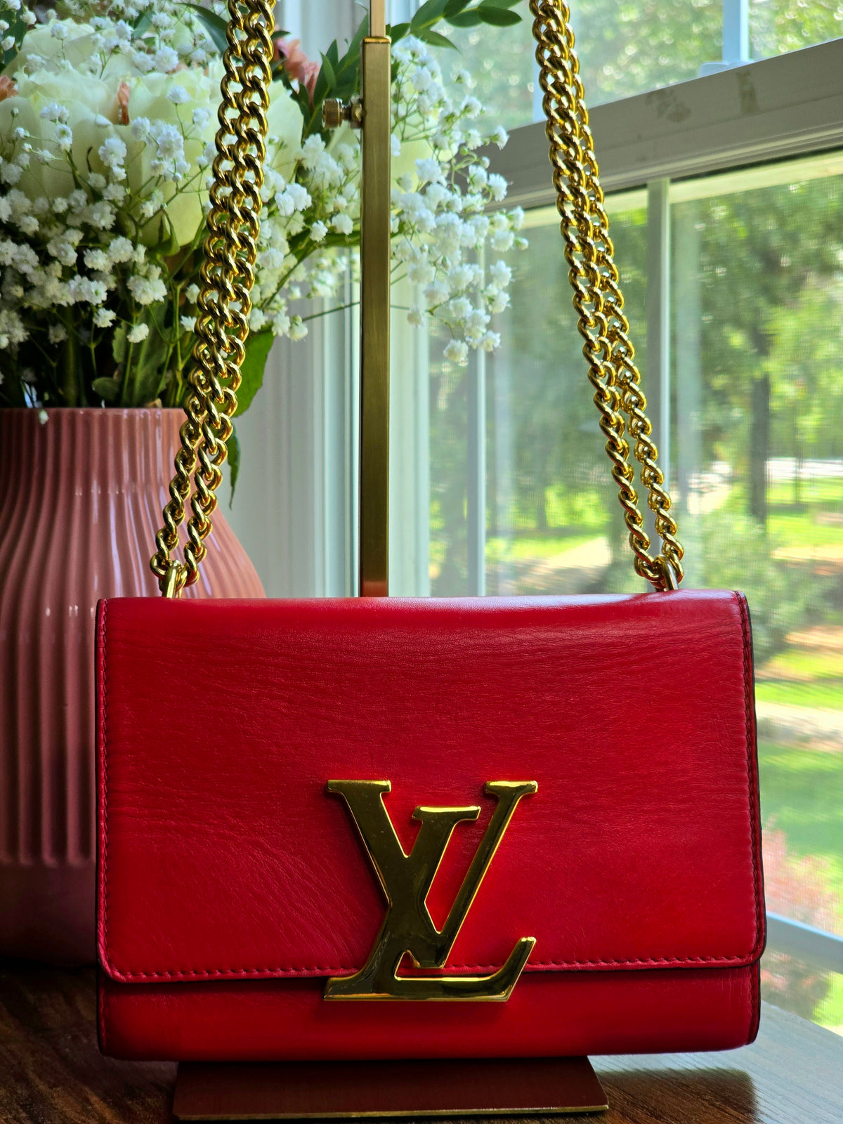 Louis Vuitton Louise MM Rouge Calfskin Leather Chain Bag
