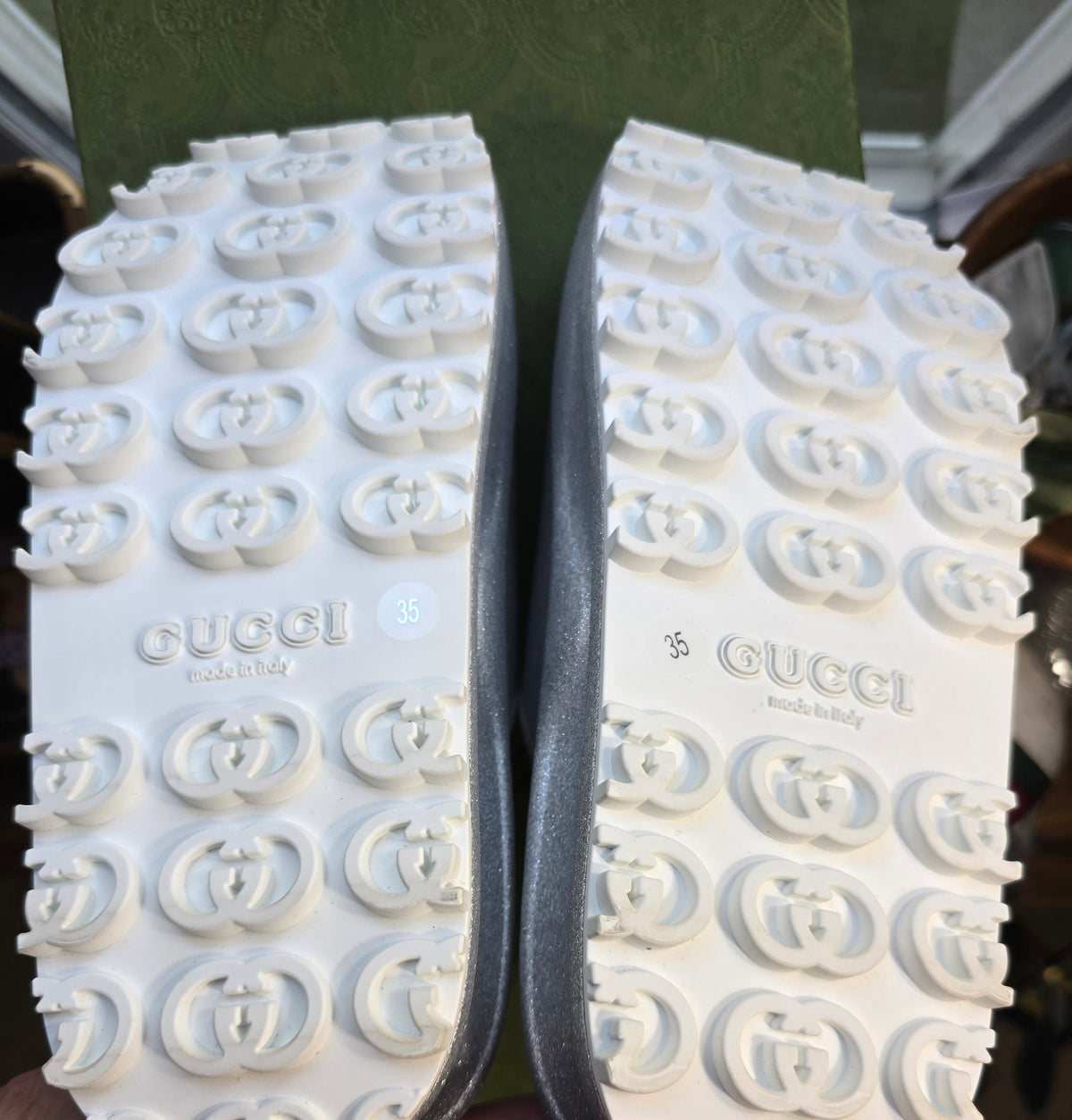Gucci Interlocking G Silver Glitter Platform Slides- Size 35