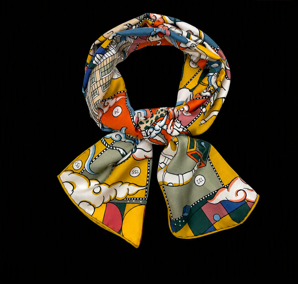Hermes Silk Muffler Scarf in the "L'Epopee d'Hermes" Design