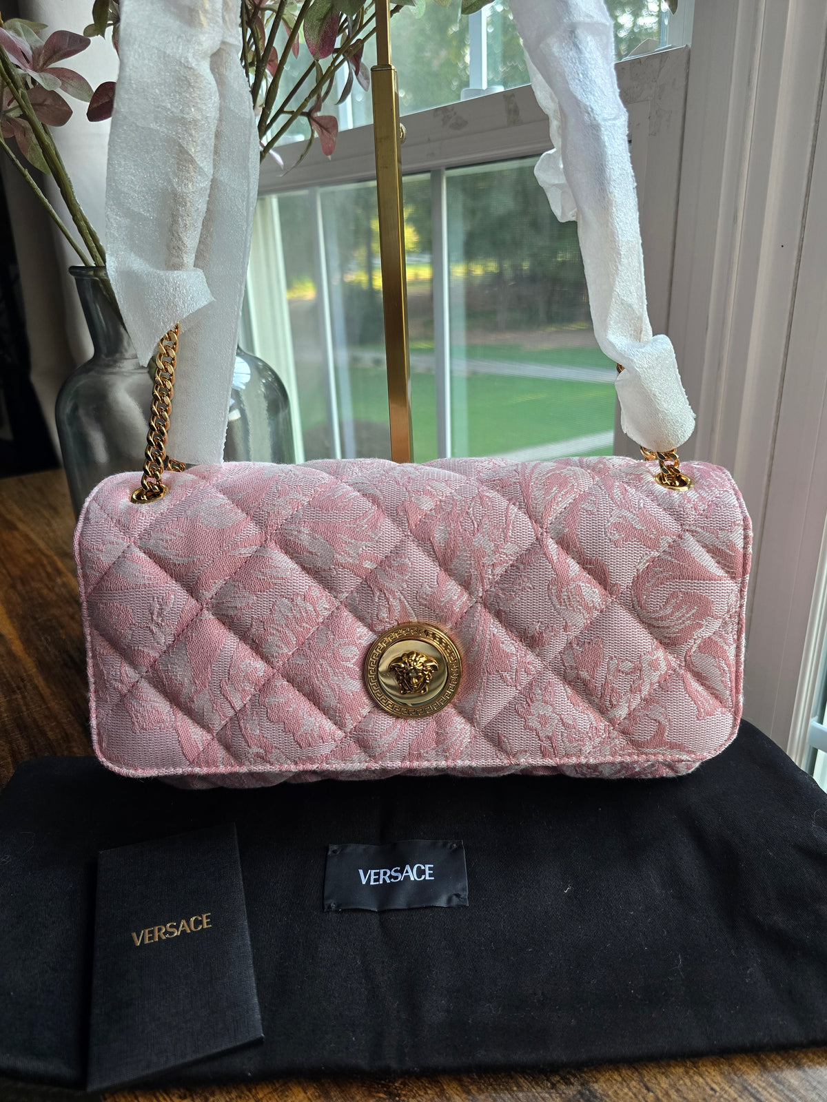 Versace Baroque Jacquard Quilted Medusa Shoulder Bag in Baby Pink