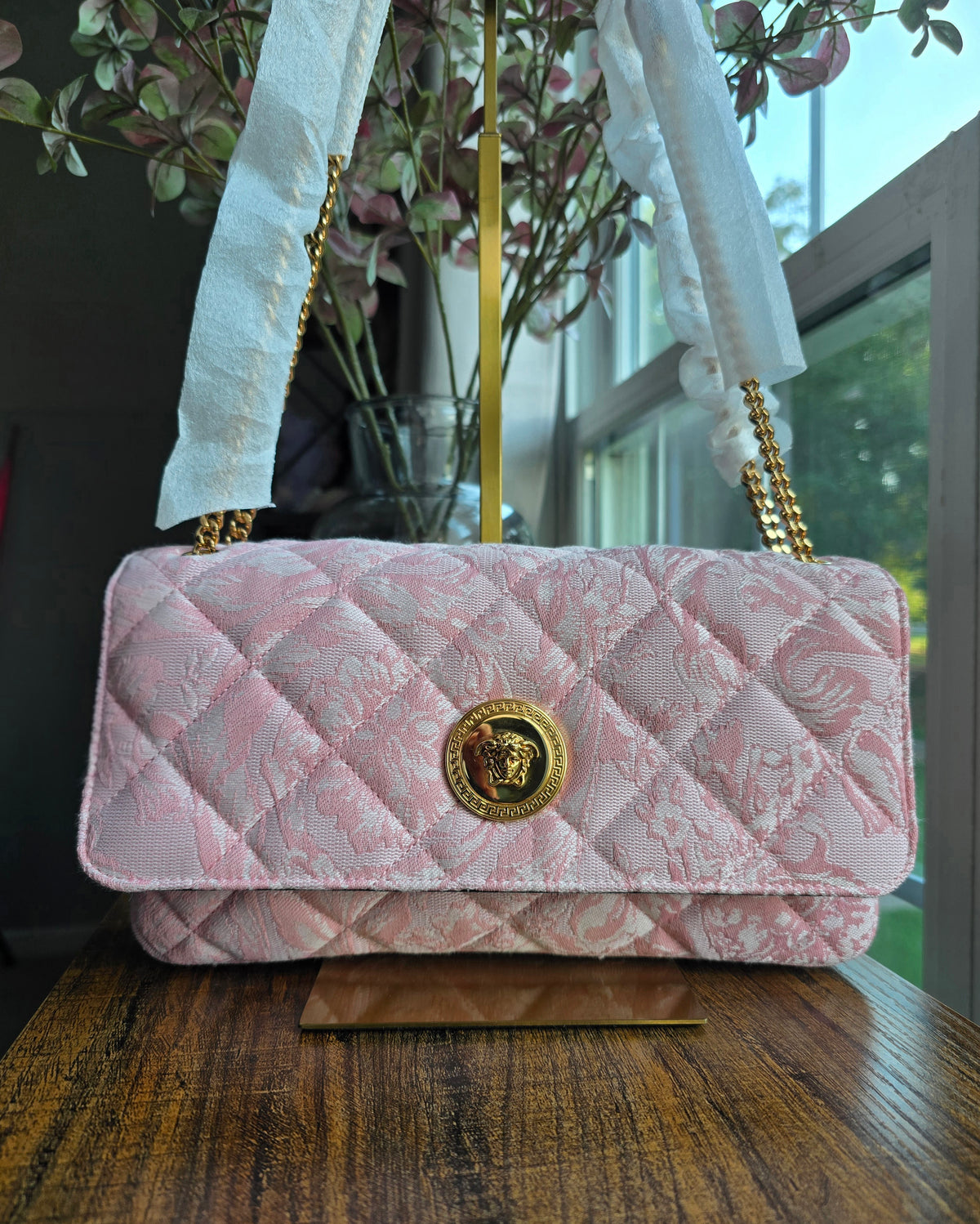 Versace Baroque Jacquard Quilted Medusa Shoulder Bag in Baby Pink