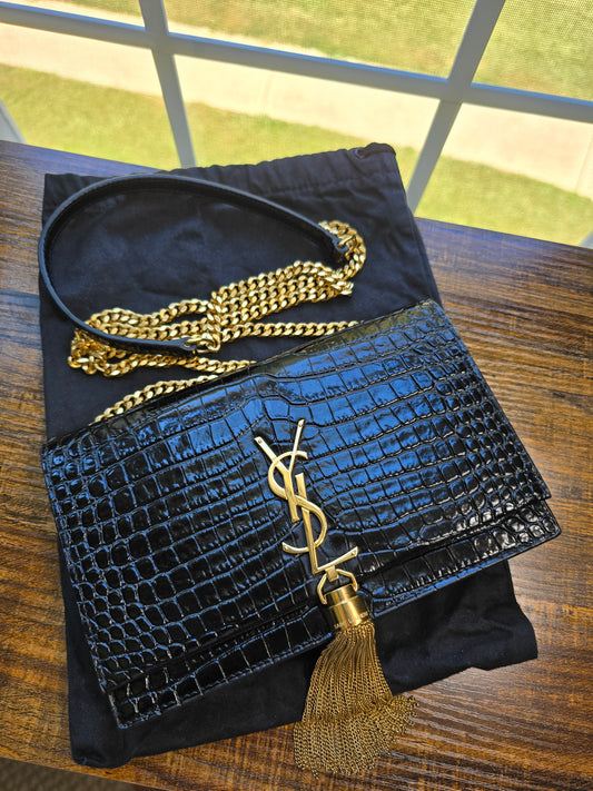 Saint Laurent Croc-Embossed Small Kate Tassel Shoulder Bag