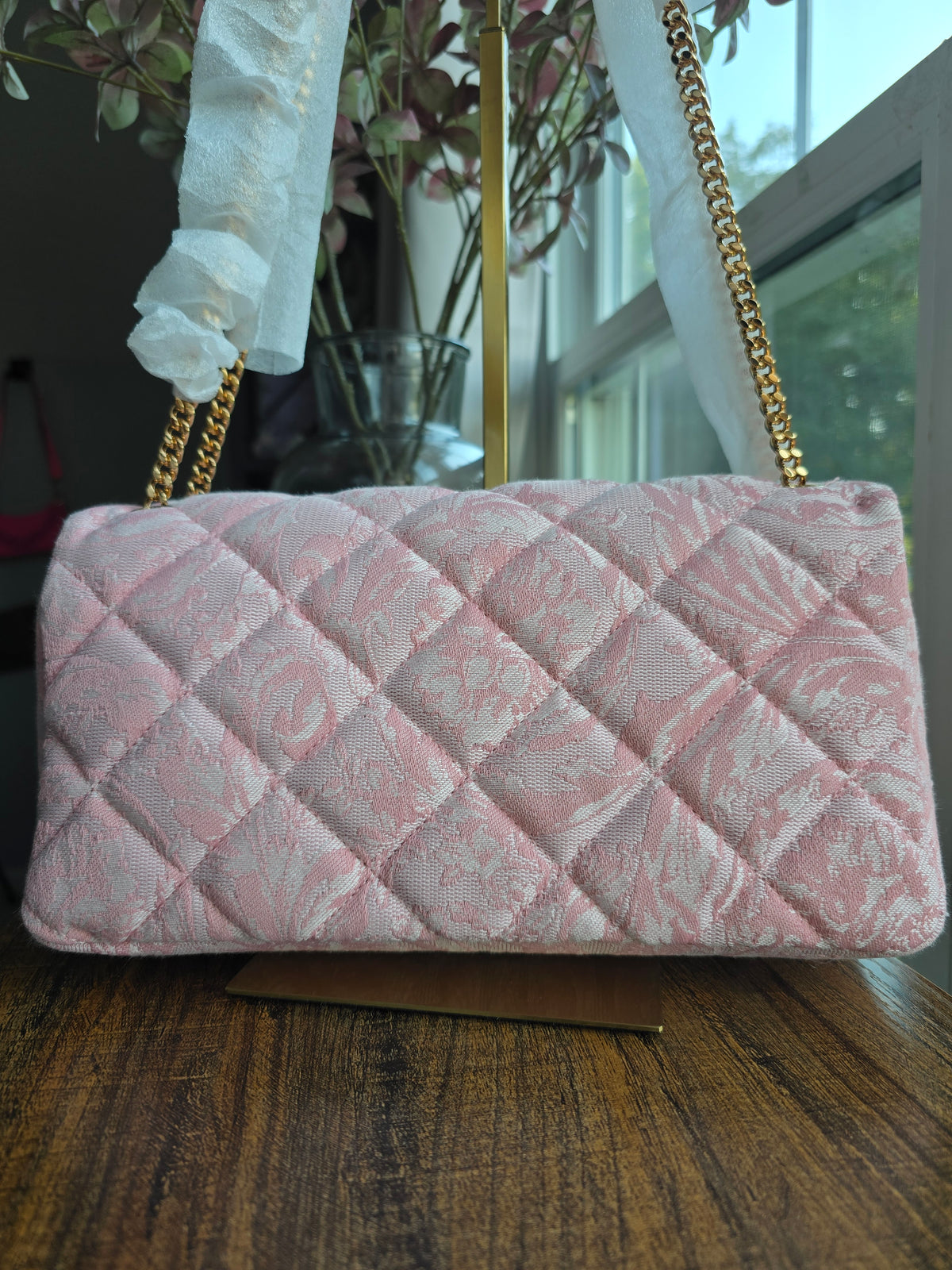 Versace Baroque Jacquard Quilted Medusa Shoulder Bag in Baby Pink