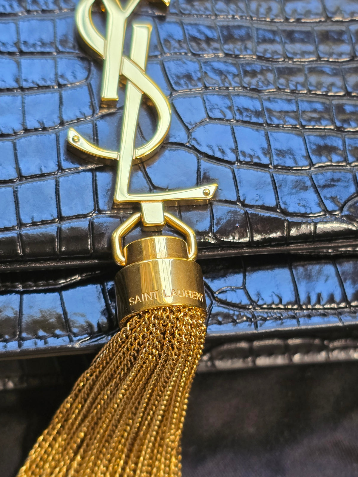 Saint Laurent Croc-Embossed Small Kate Tassel Shoulder Bag