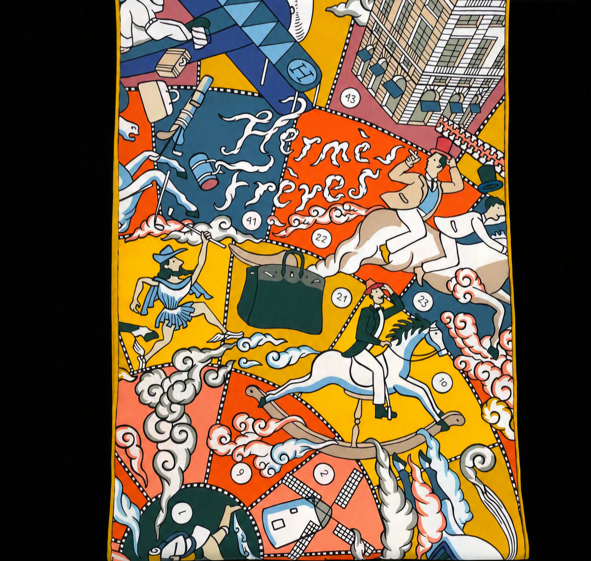 Hermes Silk Muffler Scarf in the "L'Epopee d'Hermes" Design