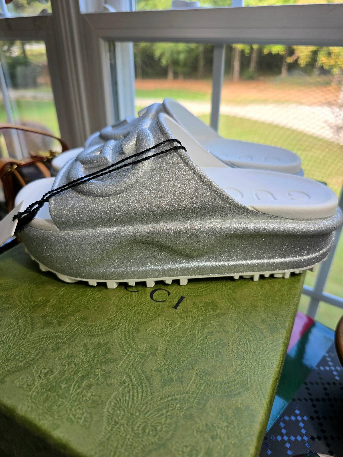 Gucci Interlocking G Silver Glitter Platform Slides- Size 35