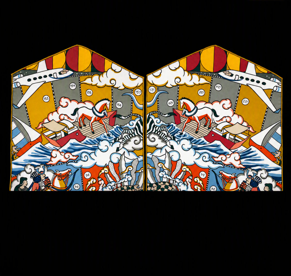 Hermes Silk Muffler Scarf in the "L'Epopee d'Hermes" Design