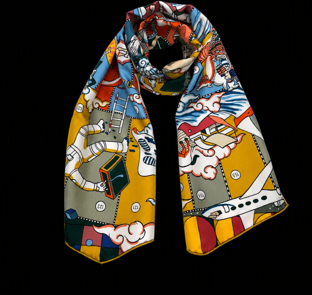 Hermes Silk Muffler Scarf in the "L'Epopee d'Hermes" Design