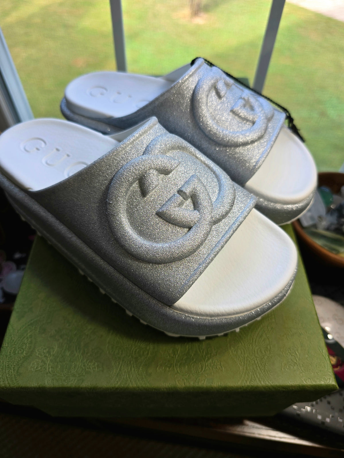 Gucci Interlocking G Silver Glitter Platform Slides- Size 35