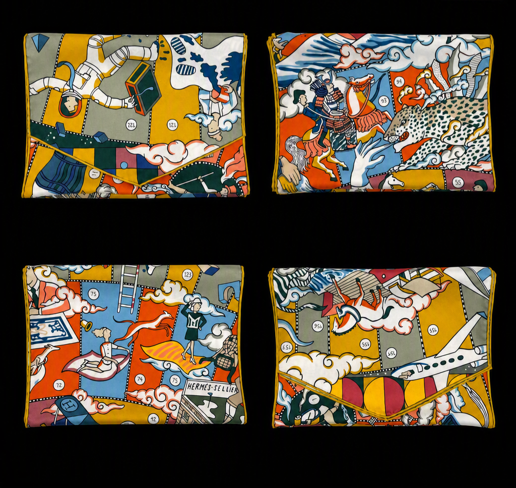 Hermes Silk Muffler Scarf in the "L'Epopee d'Hermes" Design
