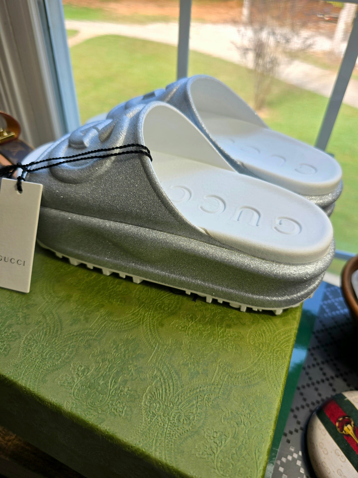 Gucci Interlocking G Silver Glitter Platform Slides- Size 35