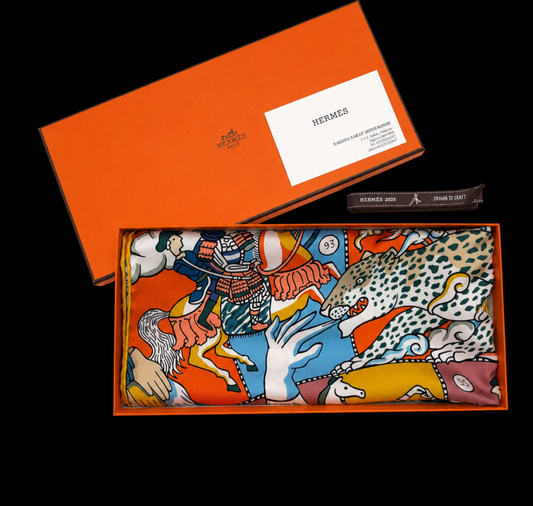Hermes Silk Muffler Scarf in the "L'Epopee d'Hermes" Design