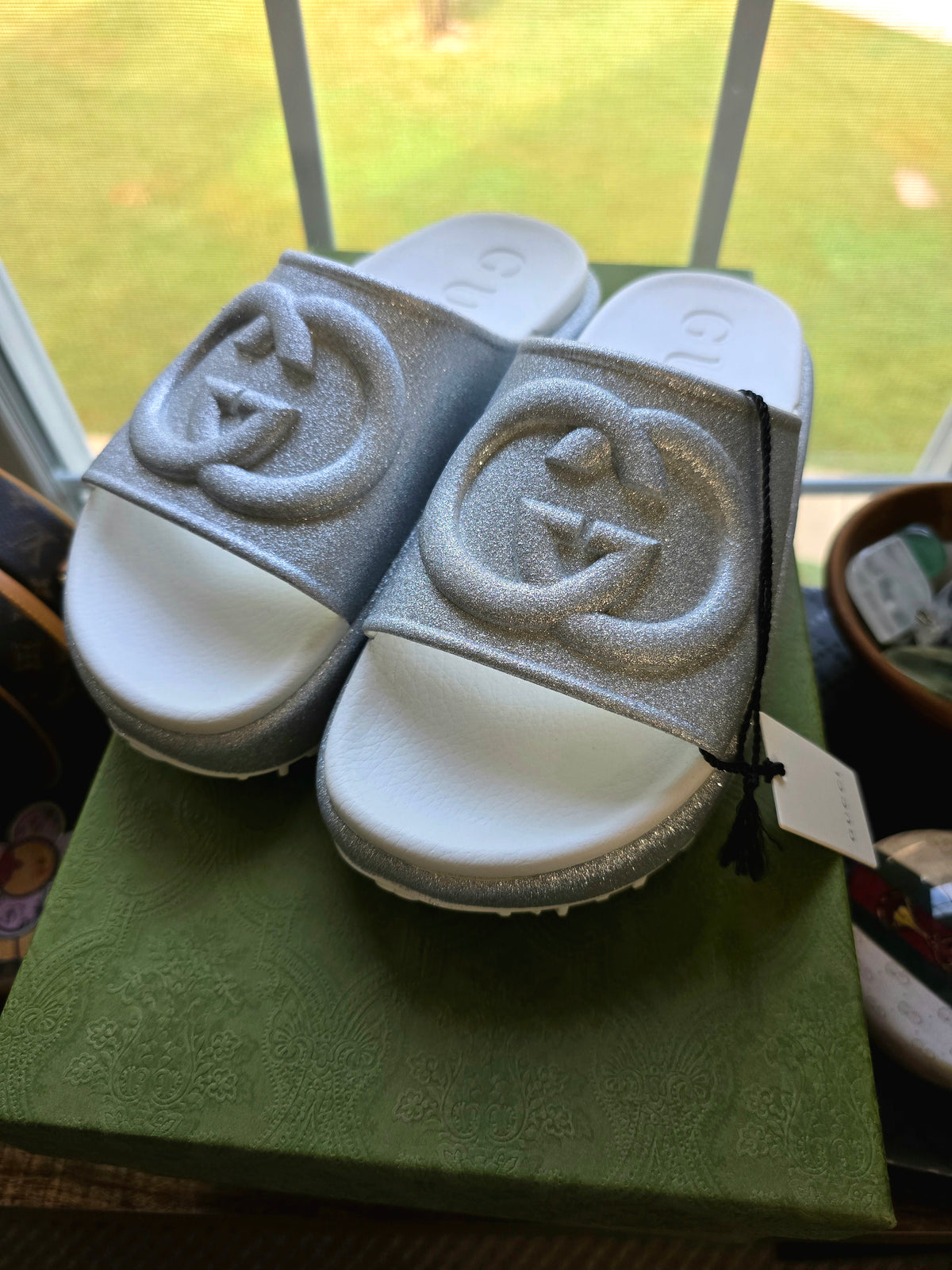 Gucci Interlocking G Silver Glitter Platform Slides- Size 35