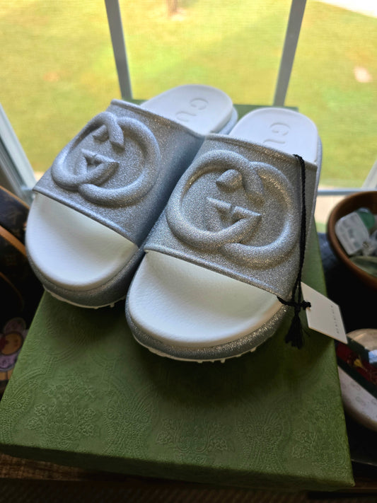 Gucci Interlocking G Silver Glitter Platform Slides- Size 35