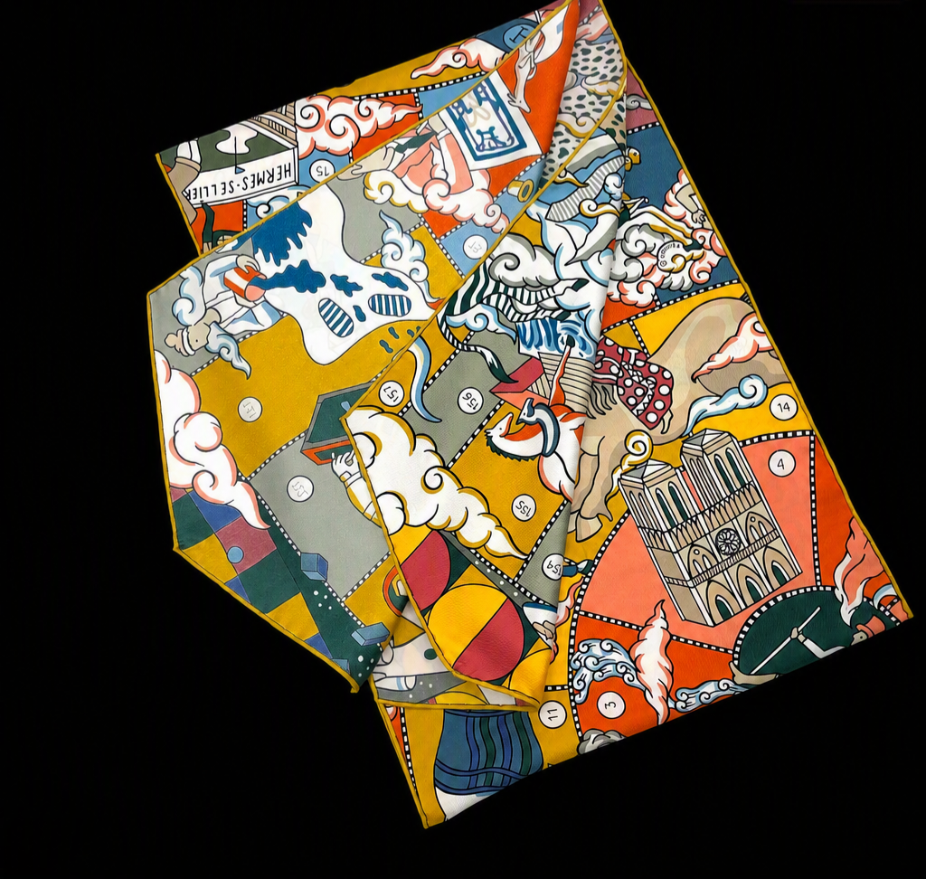Hermes Silk Muffler Scarf in the "L'Epopee d'Hermes" Design